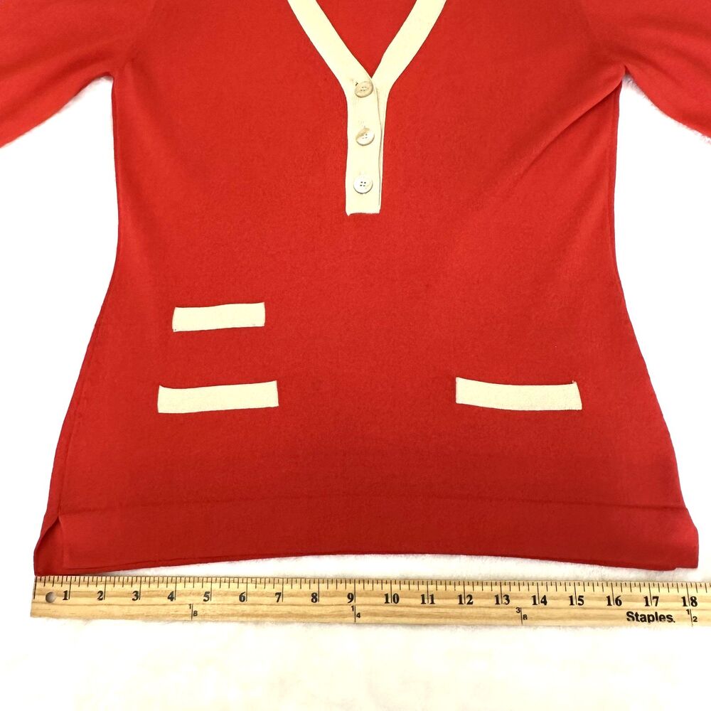 Les Copains Women's Scarlet Cream Trim V-Neck Cuffs 3/4 Sleeve Knit Sweater Sz 6 - Picture 10 of 13